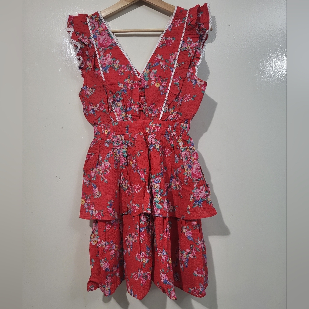 Betsey Johnson Red Floral Cotton Bush Gardens Seersucker Tiered Mini Dress Small - Picture 3 of 5